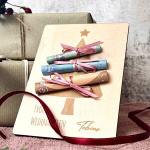 Geldgeschenk Weihnachten, Holzkarte mit Bändern für Geldgeschenk, originelle Geldverpackung - mit Personalisierung mit Name