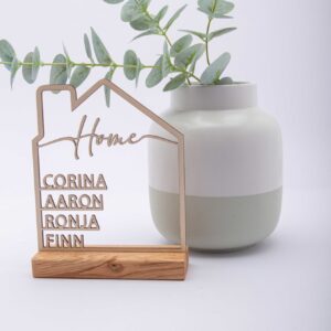 Haus mit Namen, Home, Geschenk zur Hochzeit, Geschenk zum Einzug, Familien, Eiche Sockel