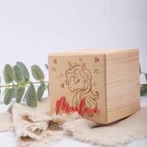 Spardose mit Einhorn und Name, farbiger Name, Spardose mit Schloss