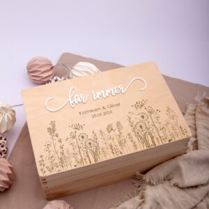 Erinnerungskiste zur Hochzeit Für Immer mit Blumengravur und Acrylschrift, Geschenkidee zur Hochzeit