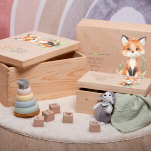 Erinnerungsbox mit Fuchs und Name und Geburtsdaten