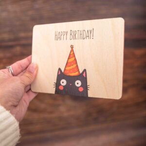 Holzpostkarte, Postkarte Happy Birthday, Grußkarte Party Katze, Postkarte mit Katze, Postkarte aus Holz