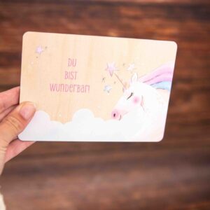 Holzpostkarte, Postkarte Du bist wundrbar, Einhorn, Grußkarte Kind, Postkarte mit Spruch, Postkarte aus Holz