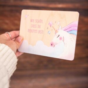 Postkarte Wie schön, dass du geboren bist, Einhorn, Grußkarte Kind, Postkarte mit Spruch, Postkarte aus Holz, Baby