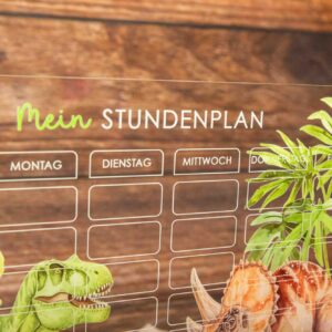 Stundenplan aus Acryl Dino, Stundenplan mit Sockel und Stift, Wiederbeschreibbarer Stundenplan, Nachhaltiger Stundenplan, Geschenkidee Einschulung Dinosaurier
