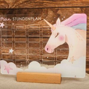 Stundenplan aus Acryl mit Einhorn, nachhaltiger Stundenplan, Geschenk zur Einschulung, abwischbar, Unicorn