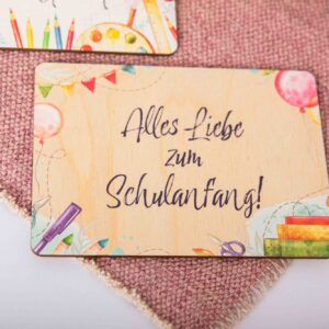 Geschenk zum Schulanfang, Geschenk für Kind, Grußkarte, Holzpostkarte, Postkarte Alles Liebe zum Schulanfang, Postkarte aus Holz, Zuckertüte