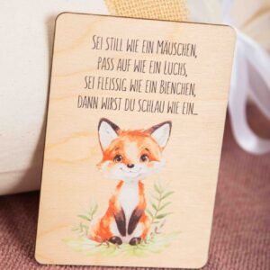 Geschenk zum Schulanfang, Geschenk für Kind, Grußkarte, Holzpostkarte, Postkarte Sei schlau wie ein Fuchs, Postkarte aus Holz, Zuckertüte