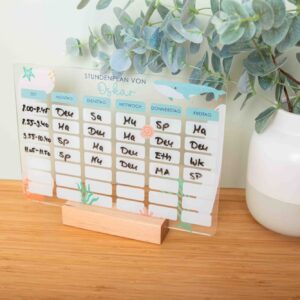 Stundenplan mit Name aus Acryl zum wiederbeschreiben, Stundenplan zum Stehen mit Holzsockel, Stundenplan Wal mit Stift