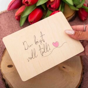 Geschenk für Frau, Grußkarte, Holzpostkarte, Postkarte Du bist voll toll, Postkarte aus Holz, Liebe