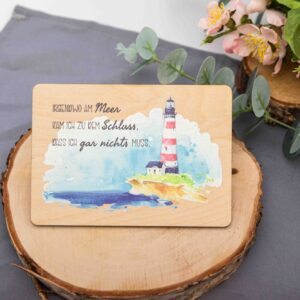 Holzpostkarte, Postkarte - Irgendwo am Meer kam ich zu dem Schluss, dass ich gar nichts muss. (Leuchtturm), Postkarte aus Holz, Urlaub, Ostsee, Nordsee, Urlaubspost
