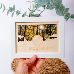Reisegutschein, Gutschein für Reise, Geschenkidee. Zeit verschenken. Holzbild