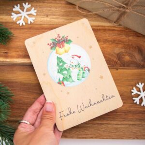 Holzpostkarte Weihnachten, Weihnachtspost, Grußkarte aus Holz, Schneemann, Schneekugel