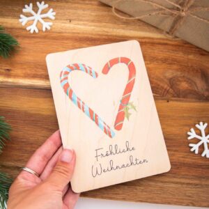 Holzpostkarte Weihnachten, Weihnachtspost, Grußkarte aus Holz, Zuckerstange