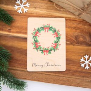Holzpostkarte Weihnachten, Weihnachtspost, Grußkarte aus Holz, Weihnachtskranz