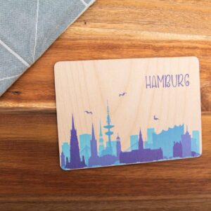 Holzpostkarte Skyline, Hamburg, Tourismus, Postkarte aus Holz, Postkarte mit Skyline, Stadt
