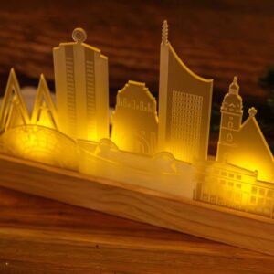 Schwibbogen Leipzig, Teelichthalter Leipzig Skyline, Holzsockel, Skyline aus Acryl