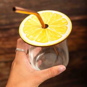 Glas Deckel aus Holz mit Zitronendruck, Mit Loch für Strohhalm, Insektenschutz