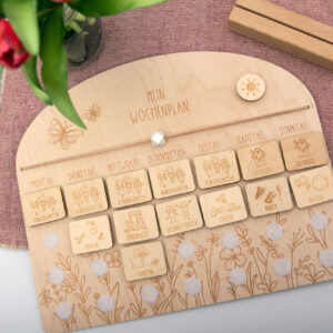Wochenplaner aus Holz mit Blumenmotiv und Holzsockel / Wochenroutine Kind / Tagesroutine