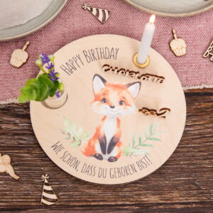Geburtstagsteller Fuchs, Happy Birthday mit Zahlenset, Geburtstagsteller aus Holz, Wie schön, dass du geboren bist