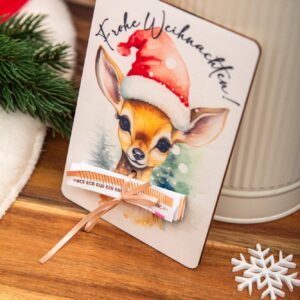 Weihnachtspost Geldgeschenk Postkarte aus Holz mit Druck Reh - Hab ein tolles Fest und Geldhalter