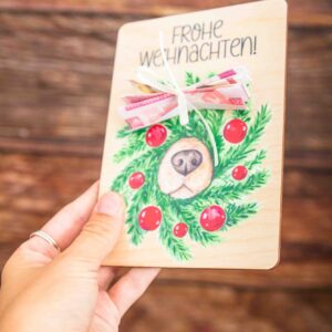 Weihnachtspost Geldgeschenk Postkarte aus Holz mit Druck Hund - Frohe Weihnachten