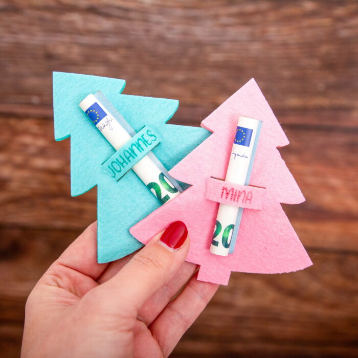 Filz Geldgeschenk Motiv Weihnachtsbaum mit Name - Filz Tannenbaum für Geldschein / Geldgeschenk Verpackung zu Weihnachten