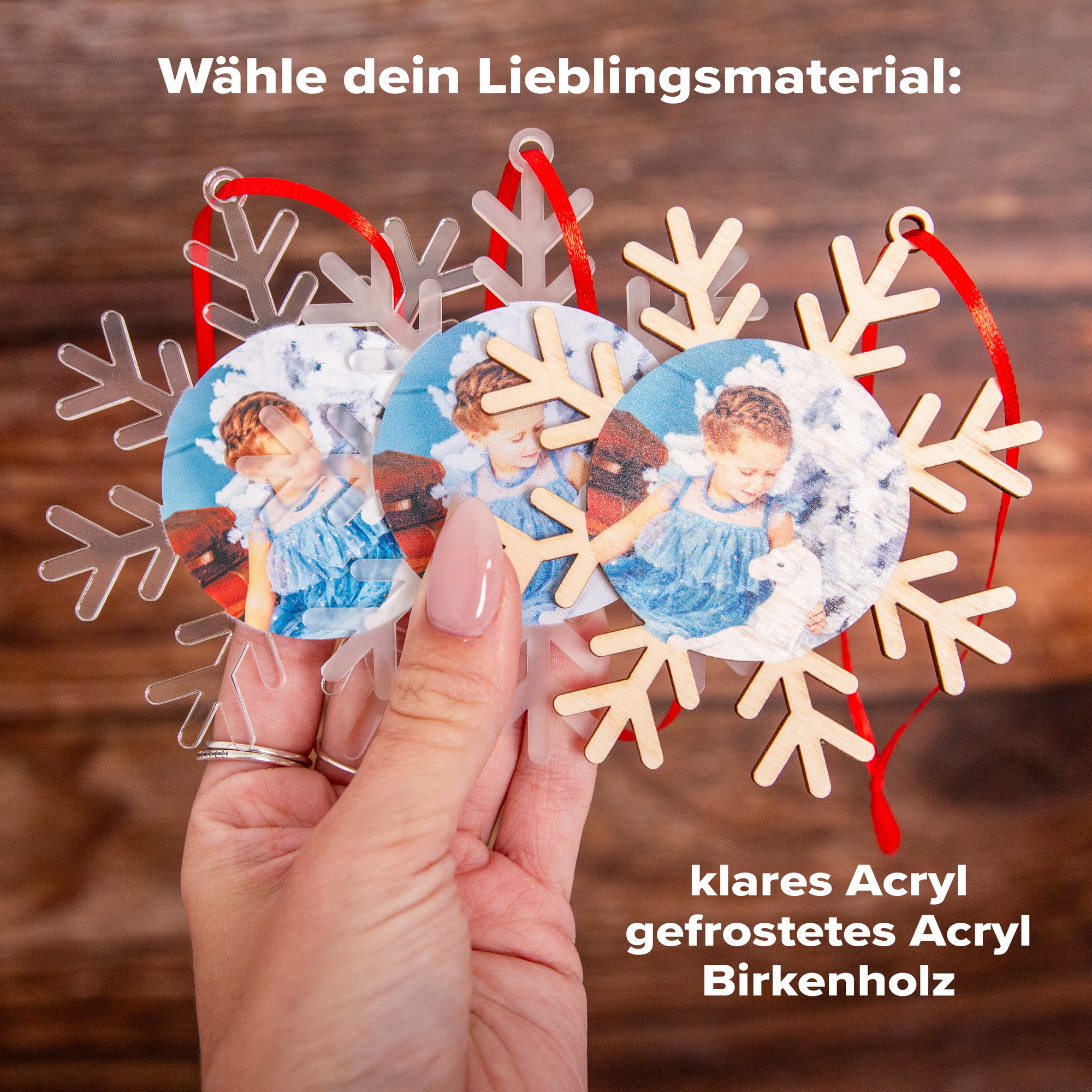 Personalisierte Christbaumkugel mit Foto | Weihnachtsbaumschmuck aus Holz & Acryl | Unikat Handmade in Leipzig 7 Weihnachtsbaumanhänger Schneeflocke mit Foto, Christbaumschmuck mit Foto als Geschenkidee zu Weihnachten oder als Anhänger für Weihnachts-Geschenk