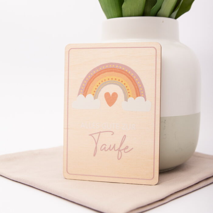 Postkarte aus Holz Alles Gute zur Taufe mit Regenbogen
