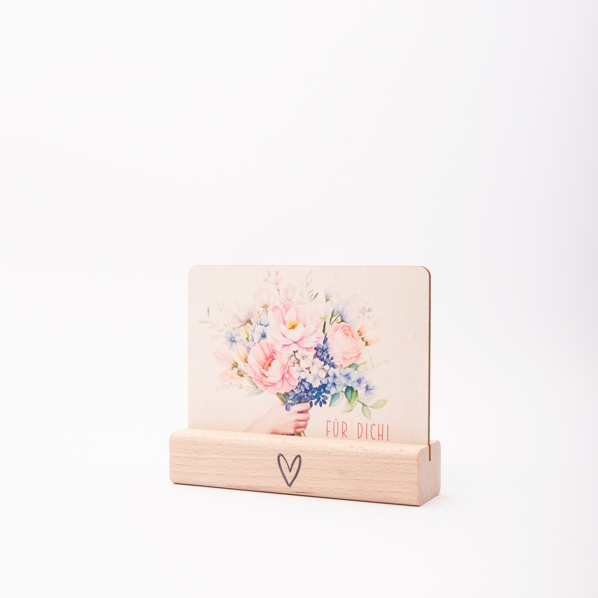 Nachhaltige Postkarte aus Echtholz – Für dich (Blumenstrauß) – Handgemacht in Deutschland 4 Postkarte aus Holz mit Blumenstrauß und Aufschrift Für dich!