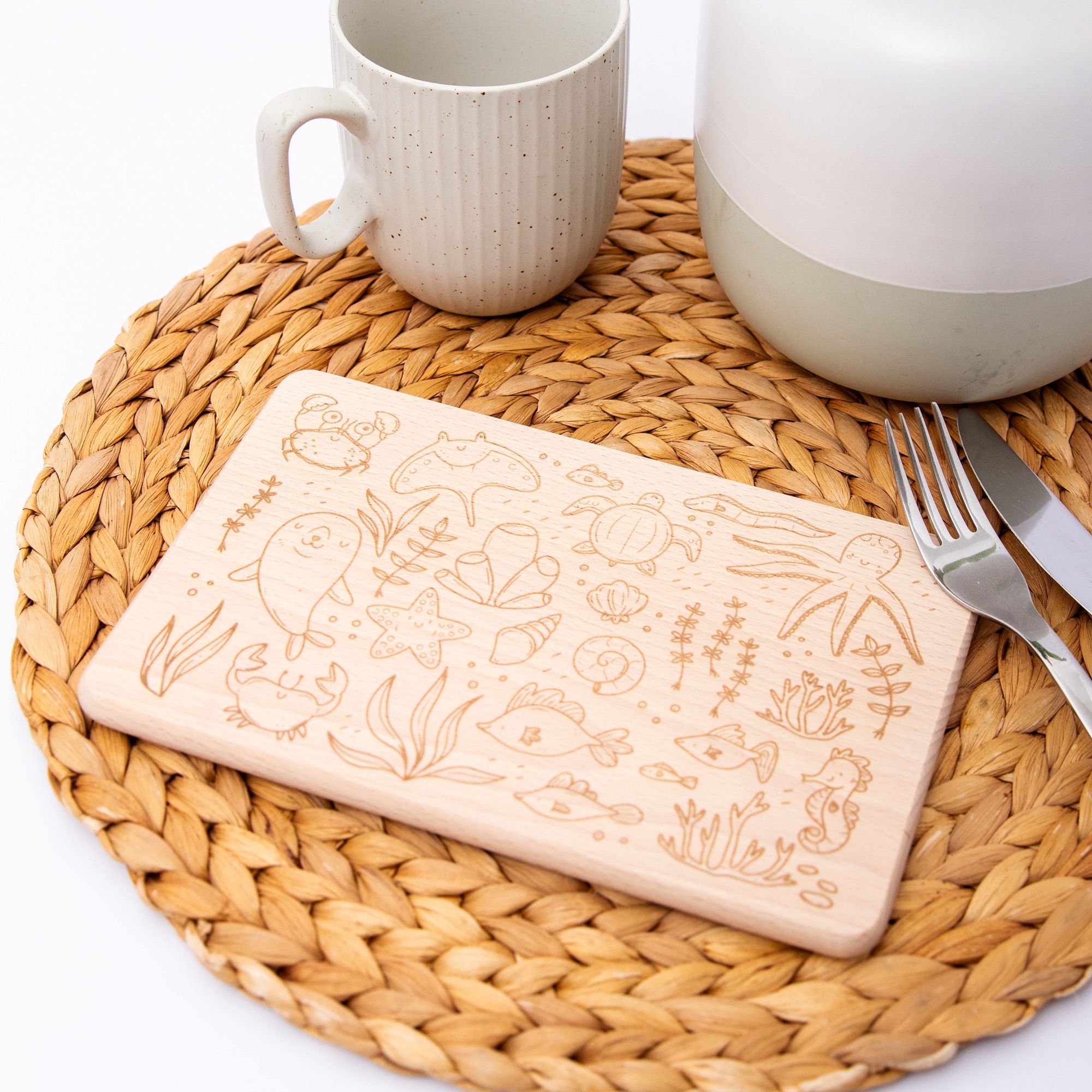 Holz-Brettchen für Kinder / Brotzeitbrett Meerestiere mit Name / Schneidebrettchen personalisiert / Meerestiere Brett mit Name / Meerestiere 6 Vollholzbrettchen Buche mit Gravur Thema Meerestiere