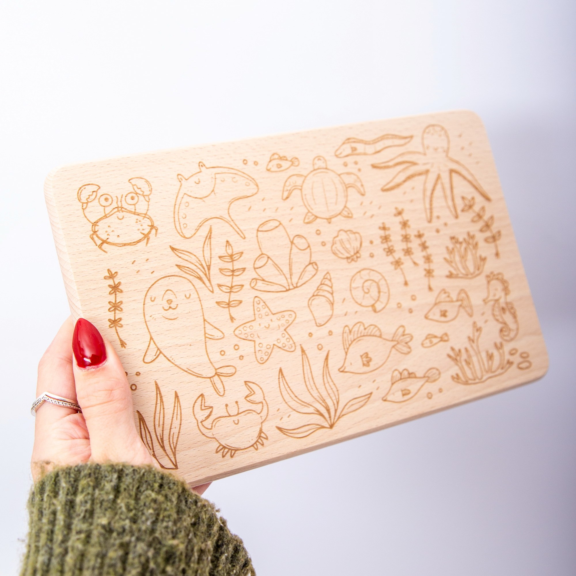 Holz-Brettchen für Kinder / Brotzeitbrett Meerestiere mit Name / Schneidebrettchen personalisiert / Meerestiere Brett mit Name / Meerestiere 3 Vollholzbrettchen Buche mit Gravur Thema Meerestiere