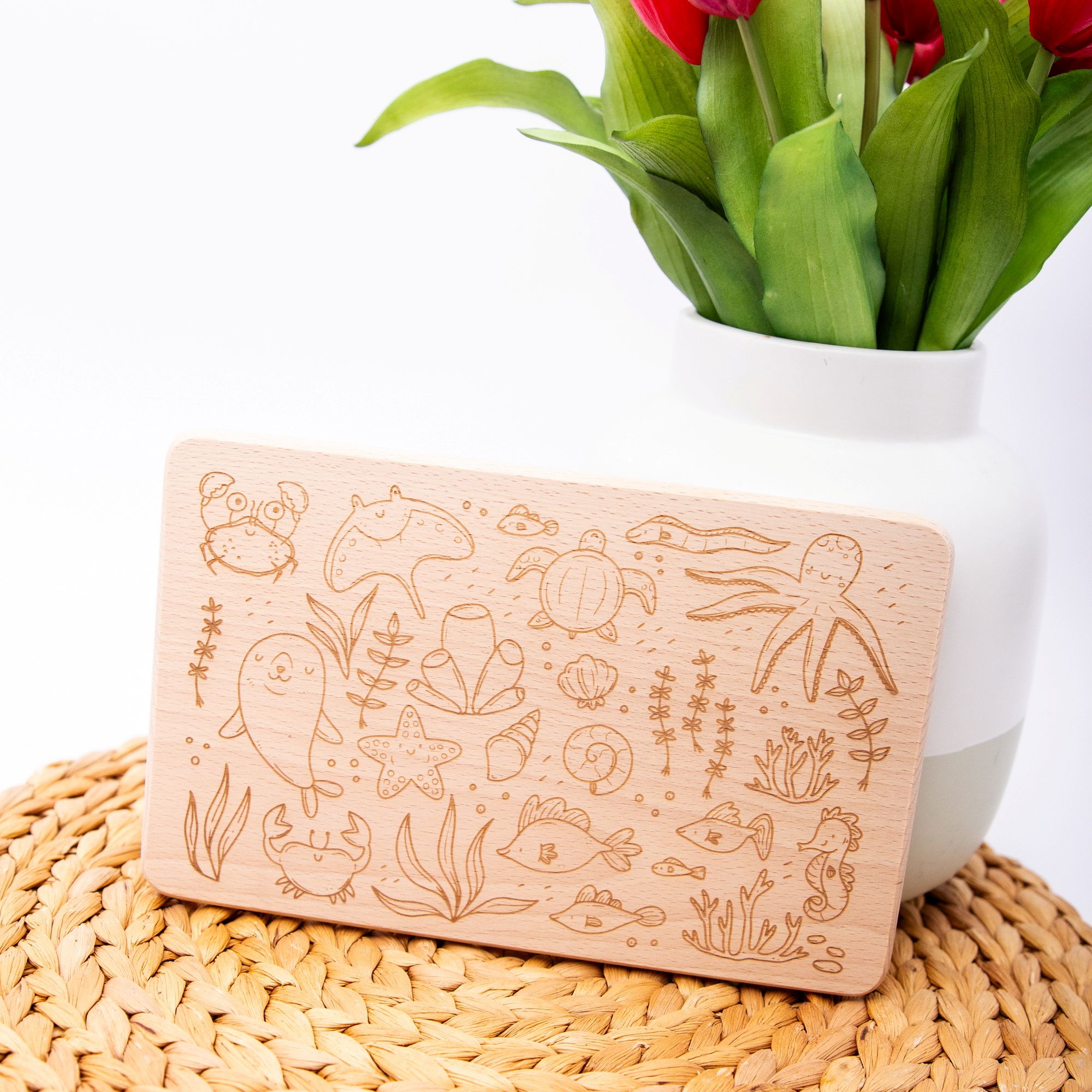 Holz-Brettchen für Kinder / Brotzeitbrett Meerestiere mit Name / Schneidebrettchen personalisiert / Meerestiere Brett mit Name / Meerestiere 2 Vollholzbrettchen Buche mit Gravur Thema Meerestiere