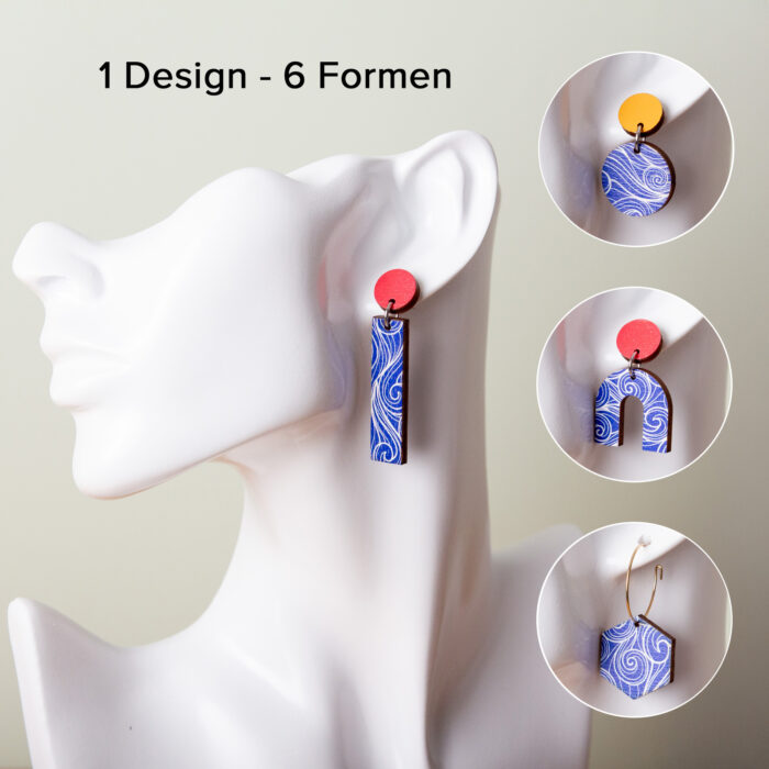Holzohrringe farbig, geometrische Ohrringe Holz, handgemachter Schmuck Leipzig, Ohrstecker bunt Holz, nachhaltige Ohrringe, Welle, Blau, Maritim