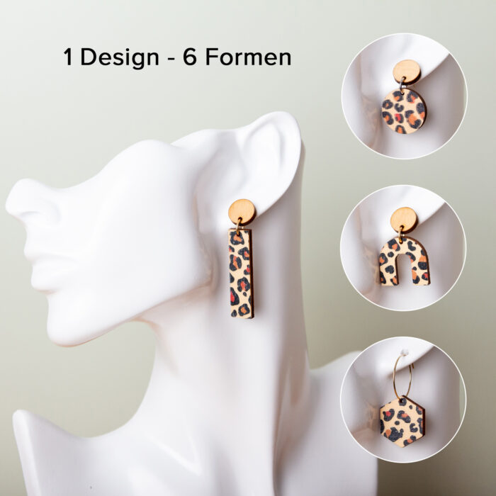 Holzohrringe farbig, geometrische Ohrringe Holz, handgemachter Schmuck Leipzig, Ohrstecker bunt Holz, nachhaltige Ohrringe, Leo Muster, wildes Muster