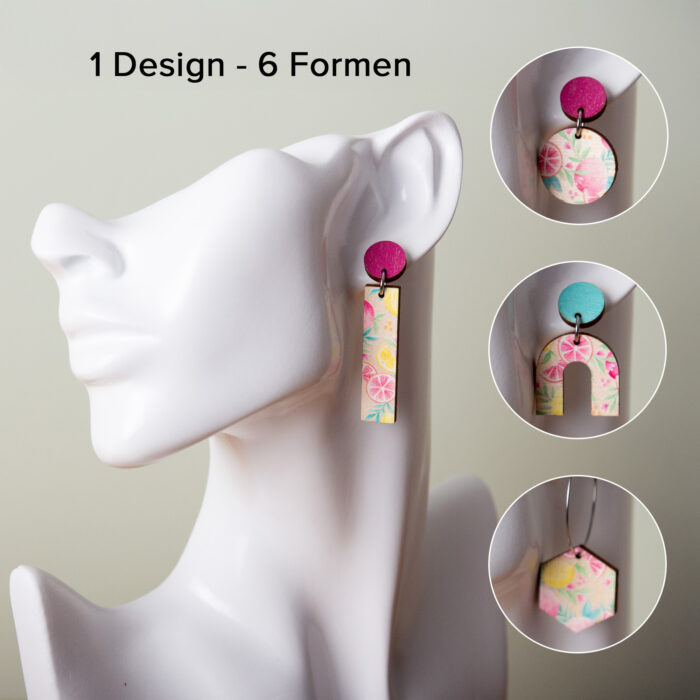 Zitrus Ohrringe aus Holz, geometrische Ohrringe Holz, handgemachter Schmuck aus Leipzig, Ohrstecker mit Zitronen und Grapefruit aus Holz, Schmuck mit Zitrusfrüchten