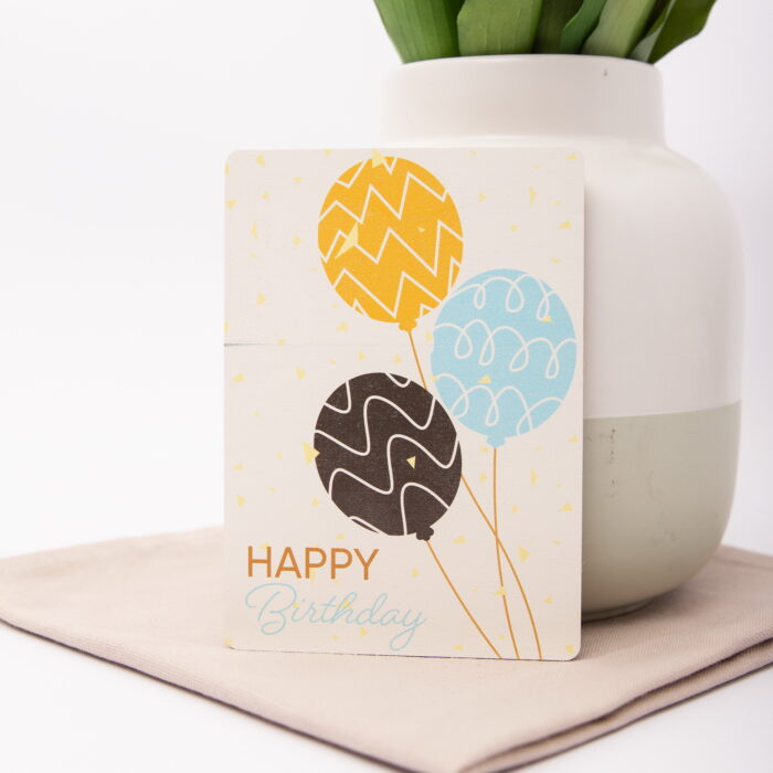 Holzpostkarte Happy Birthday mit Ballons
