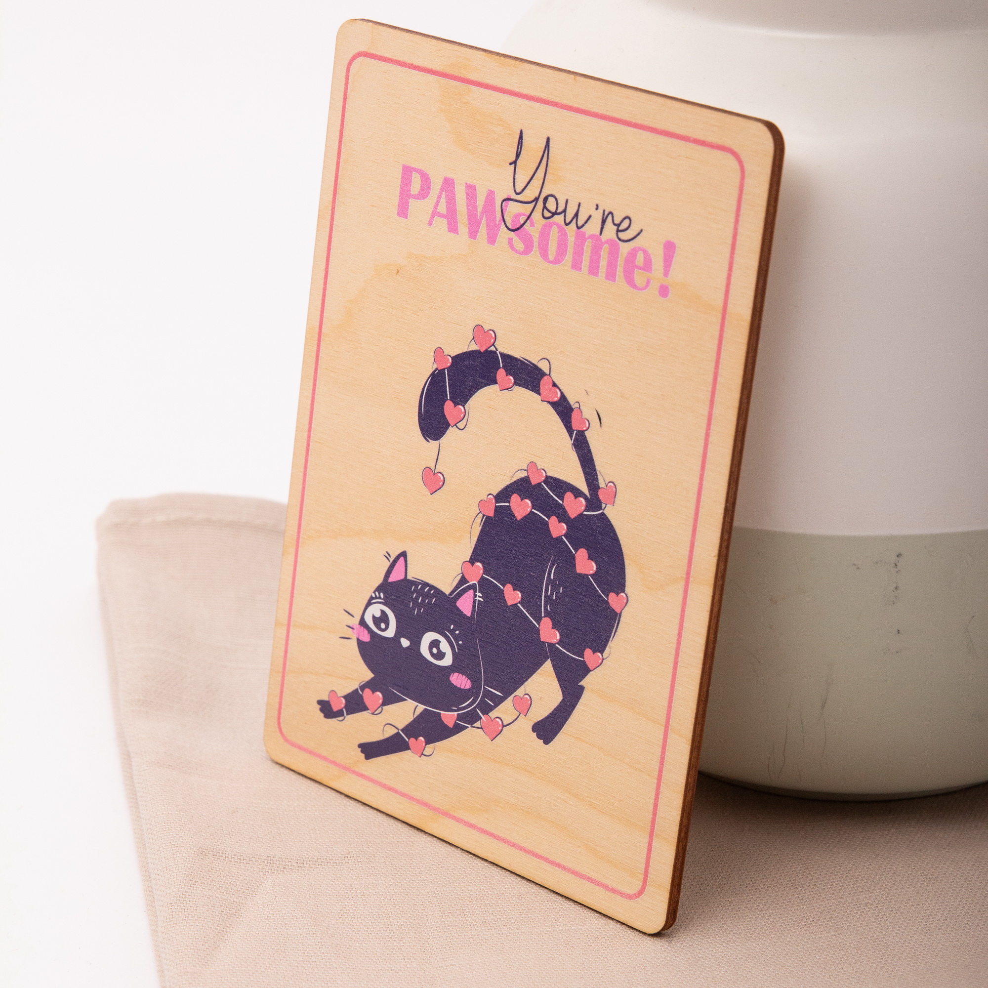 Holzpostkarte „You’re Pawsome“ – Lustiges Katzen Motiv – Geschenk für Katzenliebhaber aus Birkenholz A6 – Witziges Kompliment 4 Holzpostkarte Herz Katze You re pawsome