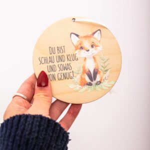 Affirmationsanhänger aus Holz, Affirmation Kinder, Geschenkanhänger, Fuchs - Du bist schlau und klug und sowas von genug