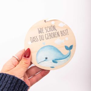 Affirmationsanhänger aus Holz, Affirmation Kinder, Geschenkanhänger, Wal - Wie schön, dass du geboren bist