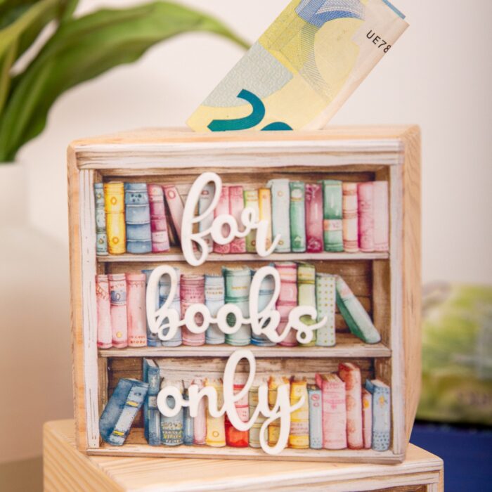 Spardose for books only, Bücherspardose, Spardose aus Holz, Holzspardose, sparen für Bücher
