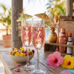 Ein A5-Bogen mit verschiedenen, detailreichen Flamingo-Motiven als randlose Rub-On Sticker für Bastelarbeiten und DIY-Projekte. Summer Vibes, Sommer, Flamingo mit Hut