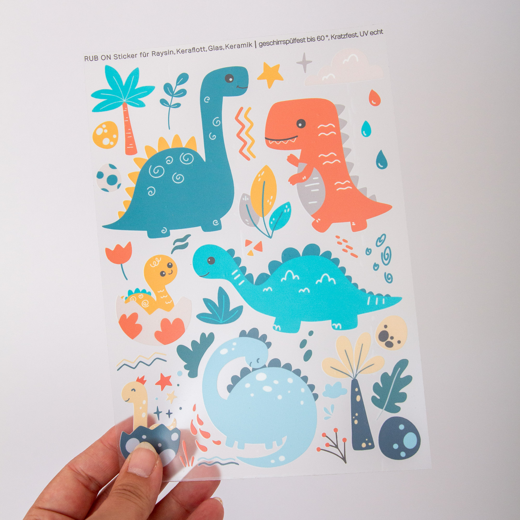 Rub-On Stickerbogen Dinosaurier im Format A5 | Aufkleber für Raysin, Keraflott, Glas, Keramik, Kork Untersetzer - Dinos für Kinder 7 Rub-On Stickerbogen Dinos mit Dinosaurier und Dino Ei, Geschirrspülfest, kratzfest und UV beständig