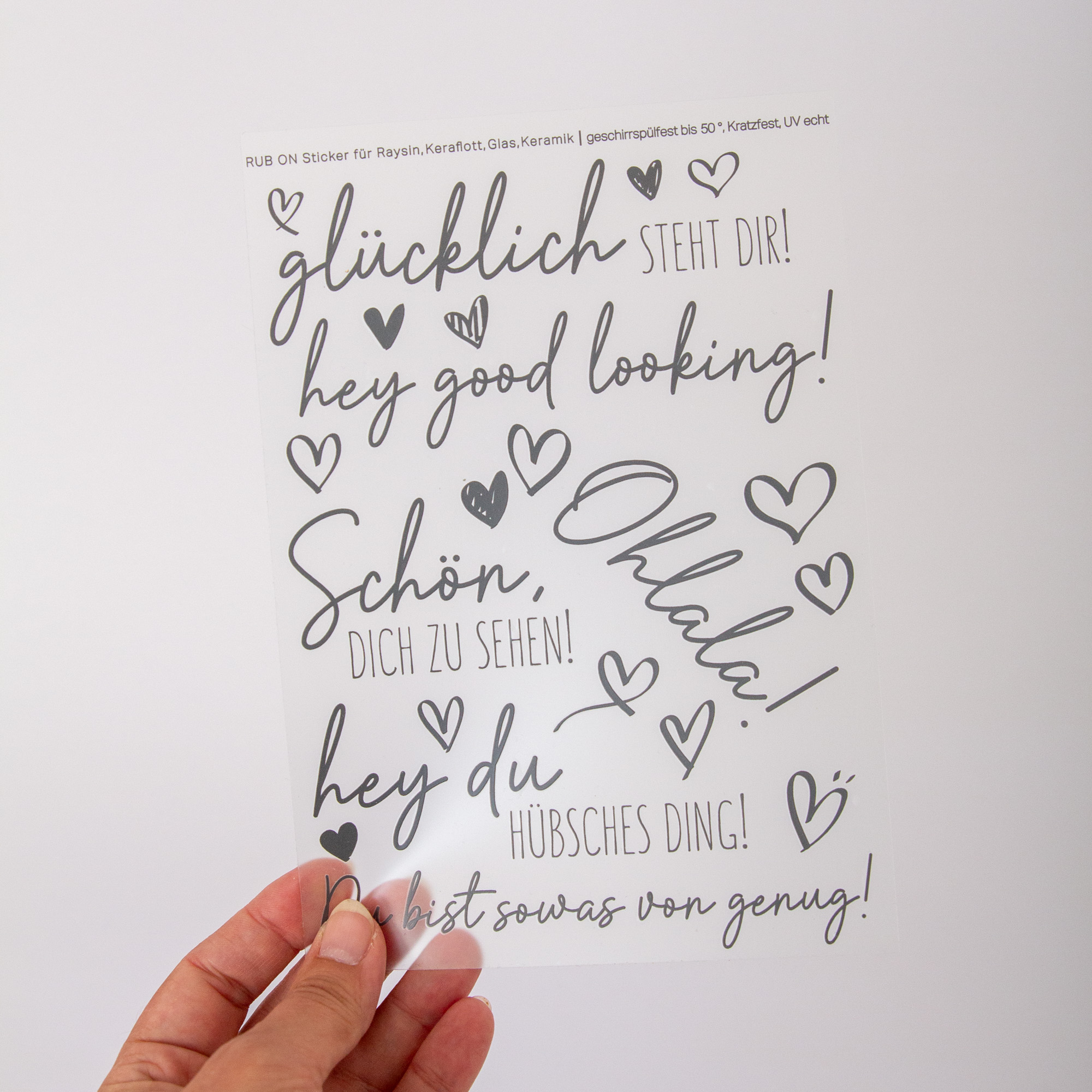 Rub-On Stickerbogen für Spiegel & Gläser im Format A5 | Aufkleber für Glas, Keramik, Porzellan, Raysin – Liebe und Komplimente 6 Rub Ons für Soiegel mit Sprüchen Ohlala, Geschirrspülfest, kratzfest und UV beständig