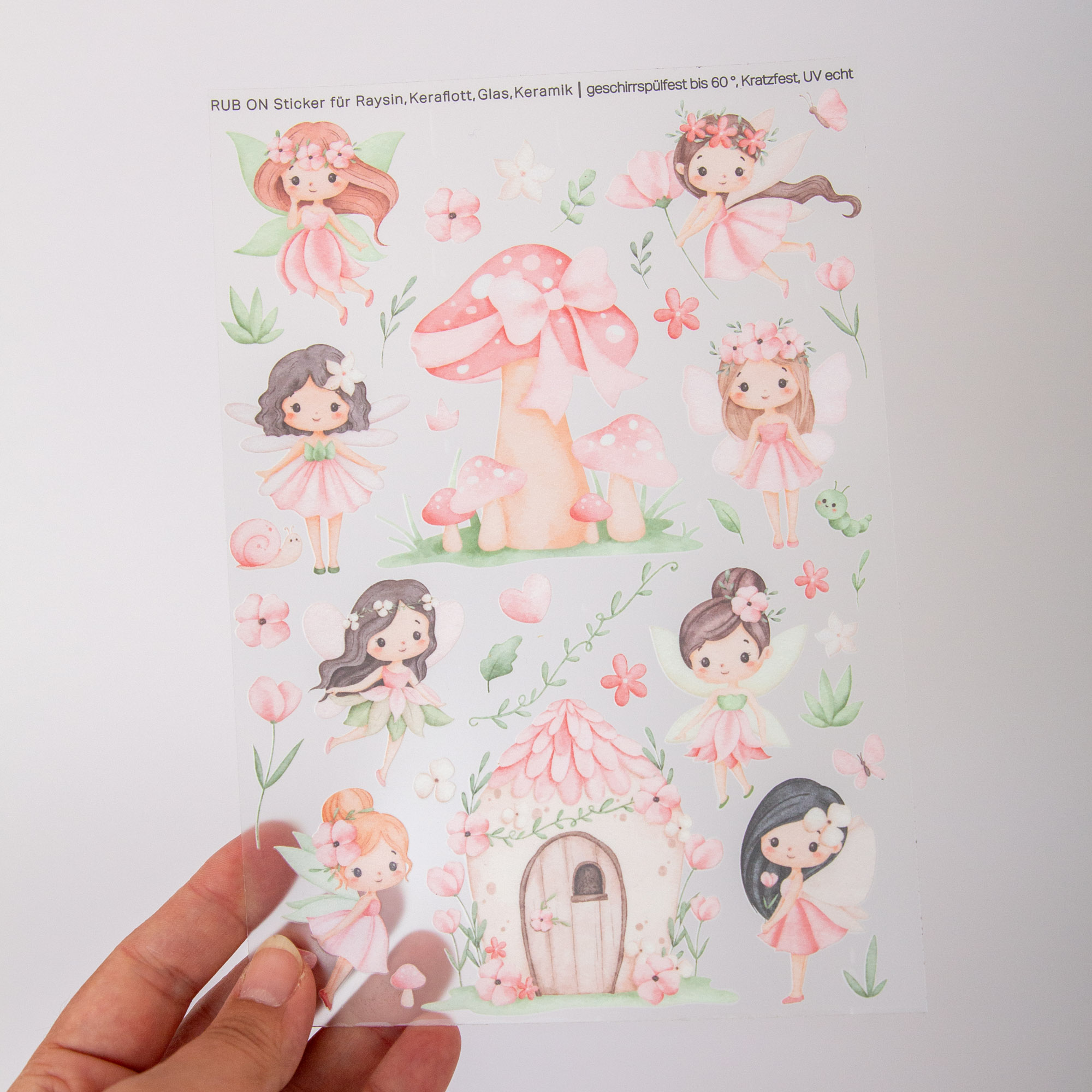Rub-On Stickerbogen Feen im Format A5 | Aufkleber für Raysin, Keraflott, Glas, Keramik, Kork Untersetzer - Feen Häuser für Kinder 6 Rub Ons Feen mit Feenhaus und Blumen, Geschirrspülfest, kratzfest und UV beständig