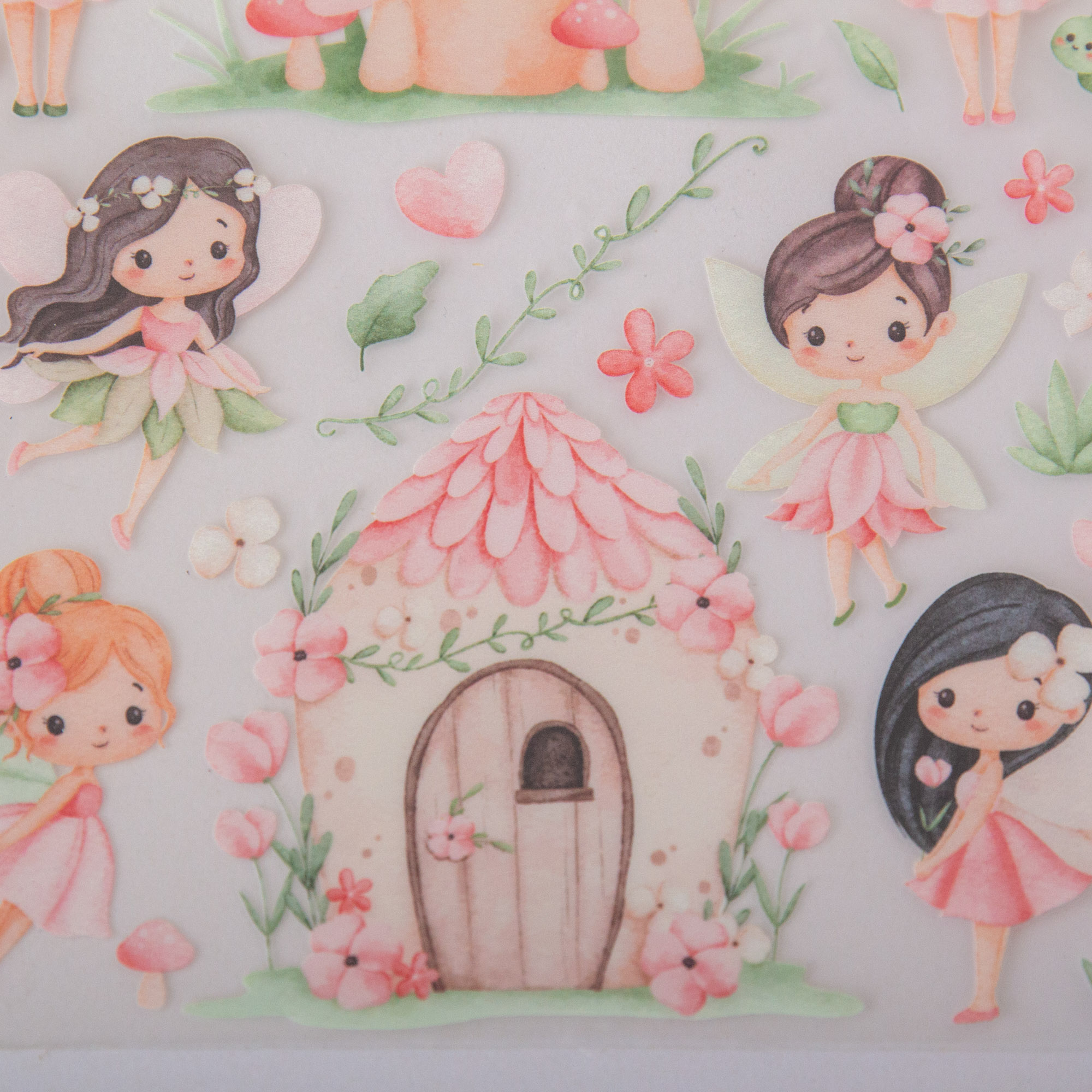 Rub-On Stickerbogen Feen im Format A5 | Aufkleber für Raysin, Keraflott, Glas, Keramik, Kork Untersetzer - Feen Häuser für Kinder 5 Rub Ons Feen mit Feenhaus und Blumen, Geschirrspülfest, kratzfest und UV beständig