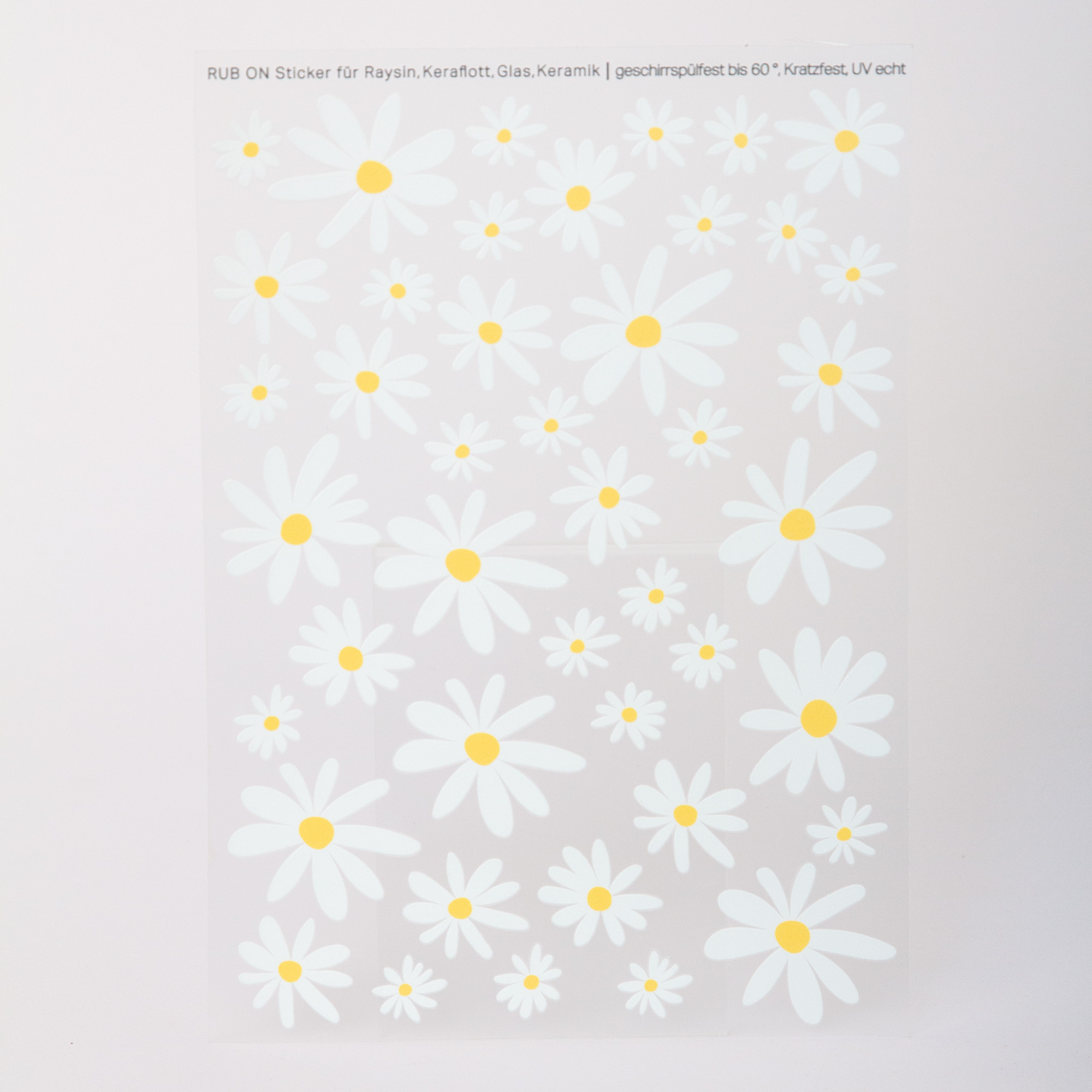 Rub-On Sticker Bogen mit Gänseblümchen Muster | Sticker mit Margeriten | Kratzfeste Motive für Gießpulver, Flaschen, Tassen u.v.m. 6 Rub On Gänzeblümchen Margertien, Aufkleber Geschirrspülfest, Kratzfest, UV beständig