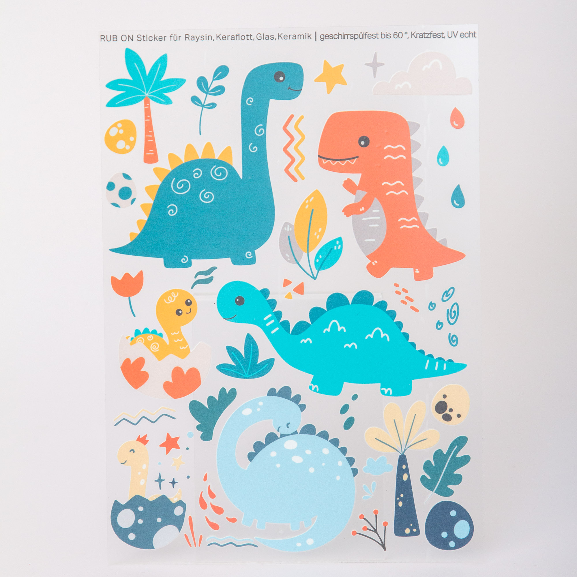 Rub-On Stickerbogen Dinosaurier im Format A5 | Aufkleber für Raysin, Keraflott, Glas, Keramik, Kork Untersetzer - Dinos für Kinder 5 Rub Ons Dinos mit Dinosaurier und Dino Ei, Geschirrspülfest, kratzfest und UV beständig