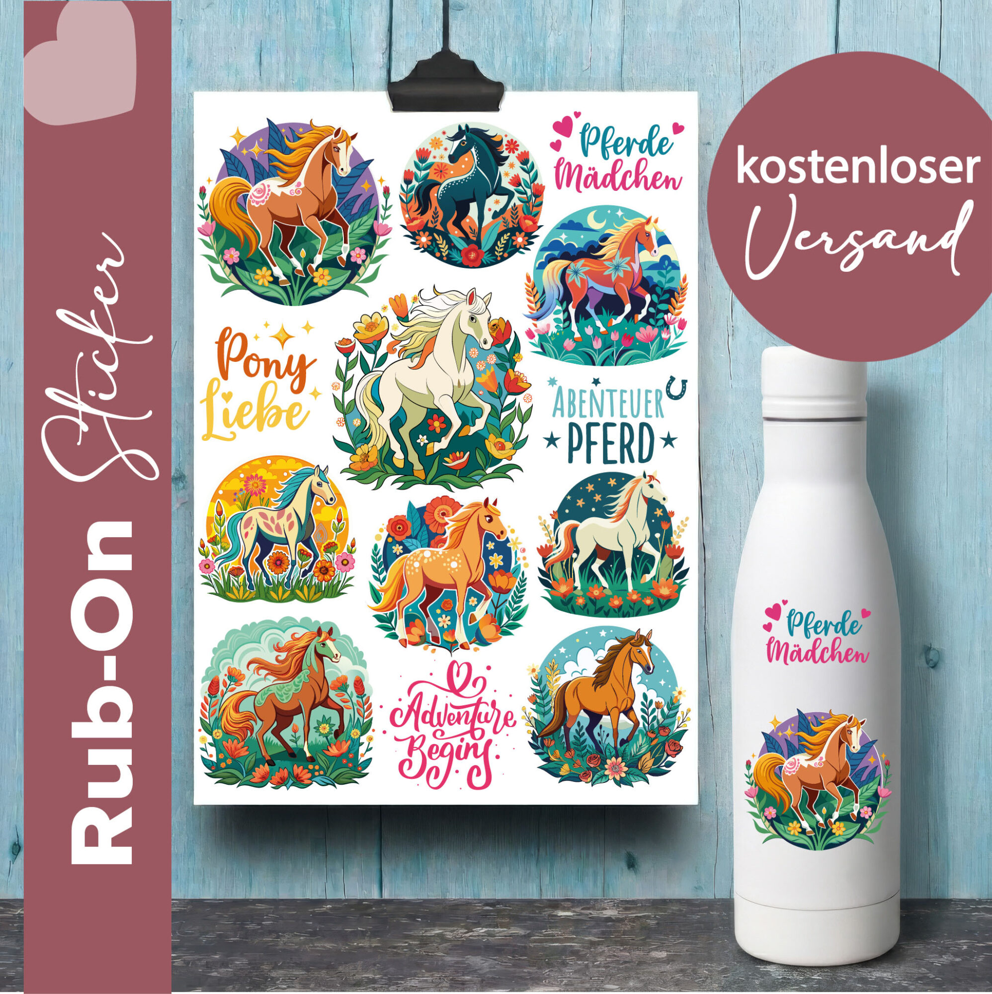 Rub-On Stickerbogen Pferd im Format A5 | Aufkleber Pferdemädchen, Pony Liebe für glatte Oberflächen 1 Rub On Sicker mit Pferden, Sprüche Pferde Mädchen, Pony Liebe, Abenteuer Pferd, Advenmture Begins, Geschirrspülfest, Kratzfest, UV Beständig.