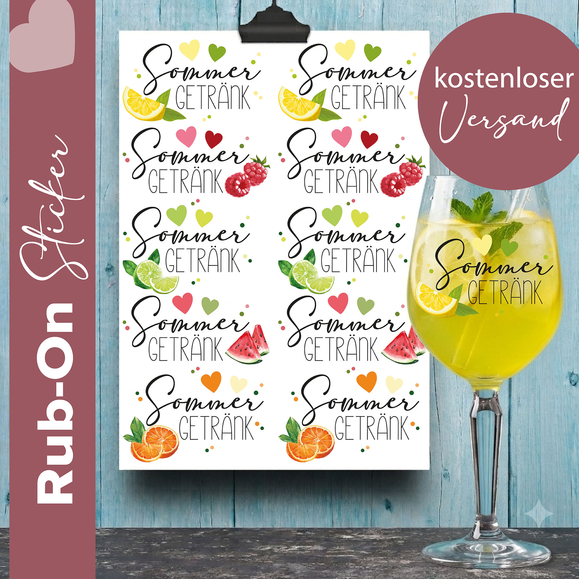 Rub-On Stickerbogen Sommergetränk im Format A5 | Aufkleber für Glas, Keramik, Keraflott, Metall, Edelstahl usw. 1 Rub On Sicker mit Sommergetränk Spürüchen und Motiven, Melone, Ornage, Limette, Himbeere, Zitrone, Geschirrspülfest, Kratzfest, UV Beständig.